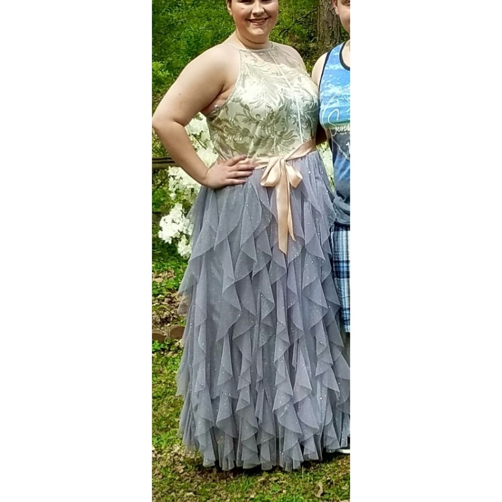 Steel gray dress w/ blush sash